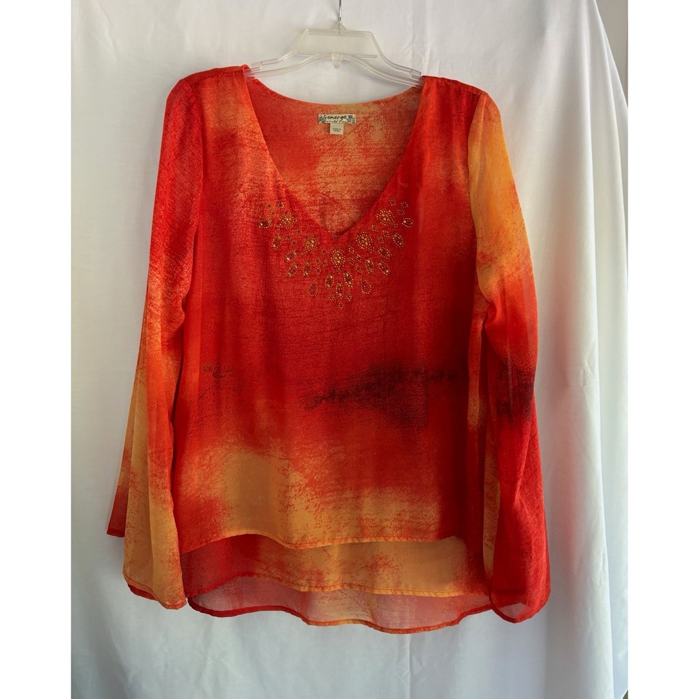Energie Women's XL Orange/Red Abstract Sheer V-Neck Long Sleeve Studded Blouse